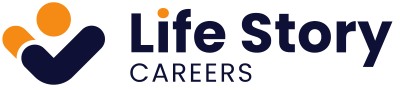 Logo for Life Story Careers featuring a stylized navy checkmark with two orange circles above it, resembling people, followed by the words Life Story Careers in navy blue text.