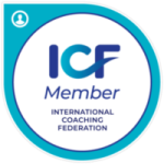 ICF Member badge with a blue and white circular design. It includes the text ICF Member and International Coaching Federation. There's a small user icon in the top left corner, symbolizing career transition coaches dedicated to facilitating transformative coaching journeys.