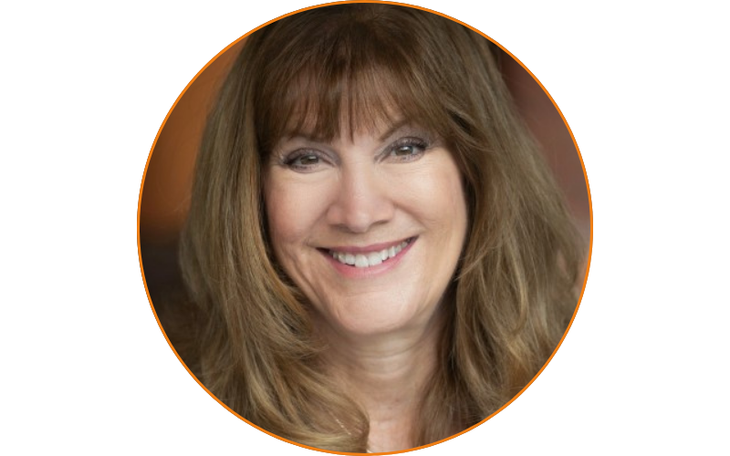 A person with long brown hair smiling, framed within a circular border, embodies the warmth and friendliness you'd find at our Weekly Career Help sessions.