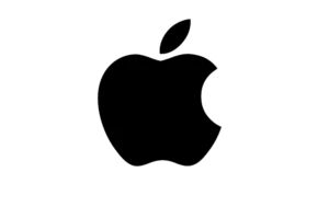 Black apple silhouette with a bite taken out of the right side and a leaf on top.