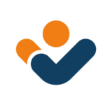 A minimalist logo perfect for a career coach, featuring an orange circle above two curved shapes—one orange, one dark blue—arranged to resemble a person with arms raised or forming a checkmark. The background is transparent.