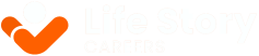 Logo for Life Story Careers featuring a stylized orange and white abstract figure logo to the left of the bold white Life Story CAREERS text on a black background.